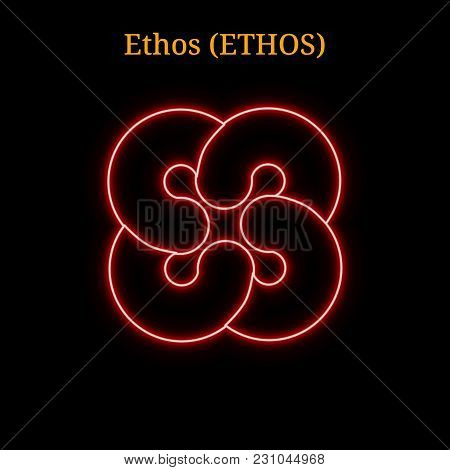 Red Neon Ethos (ethos) Cryptocurrency Symbol. Vector Illustration Eps10 Isolated On Black Background