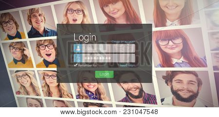 Close-up of login page against collage of portraits