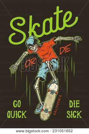 Vintage Skateboarding Poster With Skeleton. Vector Colour Illustration