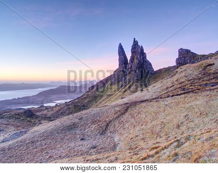 Famous View Over Old Man Of Storr In Scotland. Popular Exposed Rocky Tower.