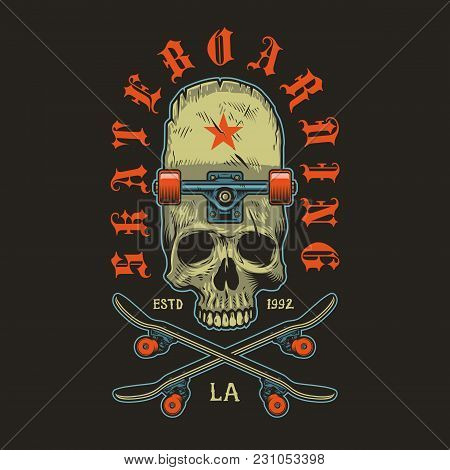 Colour Skateboarding Print With Skate And Skull. Vector Illustration