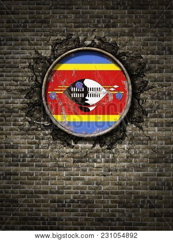 3d Rendering Of A Kingdom Of Swaziland Flag Over A Rusty Metallic Plate Embedded On An Old Brick Wal