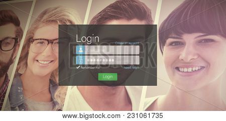 Close-up of login page against collage of portraits