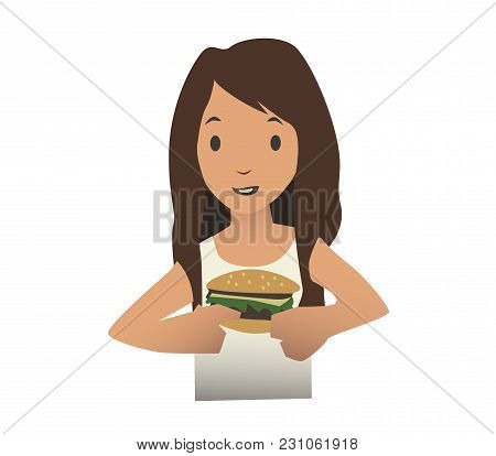 Young Girl Eating Burger, Vecor Illustration, Isolatedon White Background.