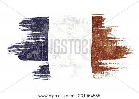 Art Brush Watercolor Painting Of France Flag Blown In The Wind Isolated On White Background.