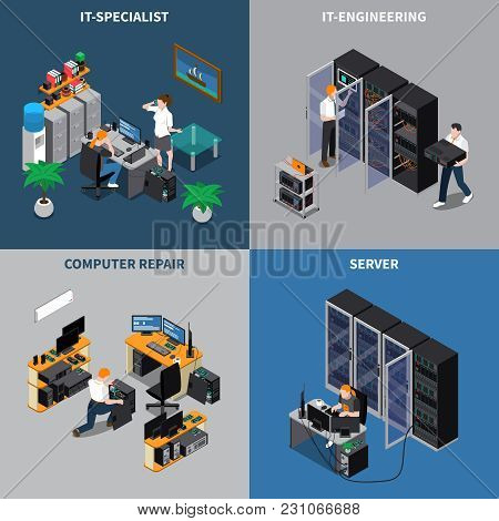 Isometric 2x2 Icons Set With Information Technology Engineers And Computer Repair Specialists 3d Iso