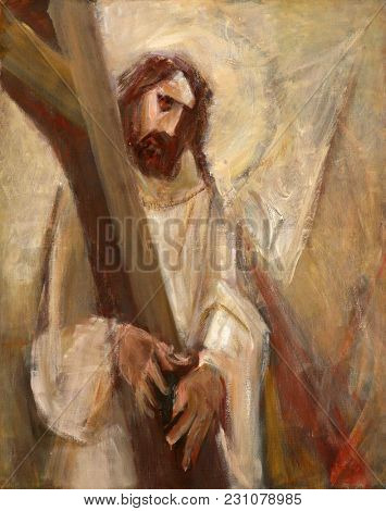 SISAK, CROATIA - DECEMBER 07: 2nd Stations of the Cross, Jesus is given his cross, Church of Holy Cross in Sisak, Croatia, on December 07, 2017.