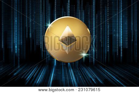 cryptocurrency, financial technology and business concept - golden etherum coin over black background with binary code