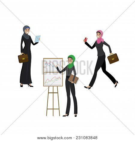 Arab Business Women In Different Activities- Running, Presenting, Standing, Cartoon Vector Illustrat