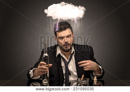 Young drunk disappointed man with hard time overcast concept