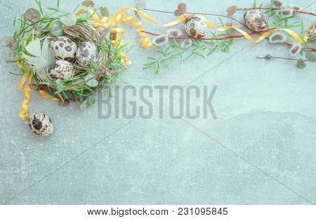 Easter Background With Easter Eggs, Pussy-willow And Spring Flowers. Top View With Copy Space