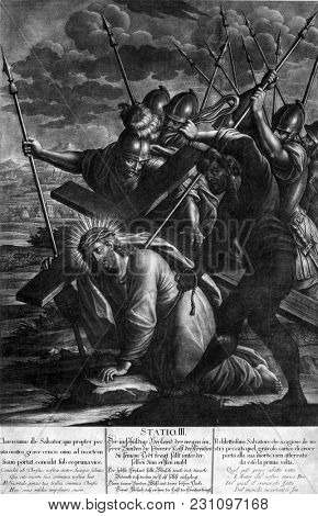 BLATO, CROATIA - MARCH 22: 3rd Stations of the Cross, Jesus falls the first time, Church of All Saints in Blato, Korcula island, Croatia, on March 22, 2017.