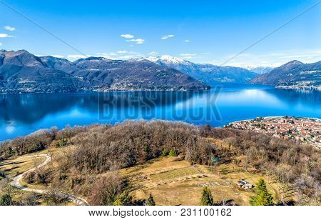 Aerial View Of Lake Maggiore With Swiss Mountains, Italy