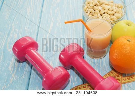 The Concept Of A Healthy Diet. Small Dumbbells, Juice. Apples. Healthy Lifestyle. Sport Fitness Food