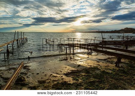 Colorful Sunset At The Fishing Village Near Ravda, Bulgaria. Sea Sunset At Black Sea Coast.