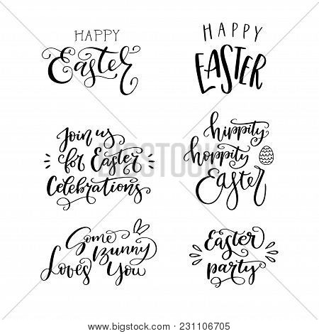 Set Of Hand Drawn Lettering Phrase Happy Easter, Hippity, Hoppity Easter, Easter Party, Some Bunny L