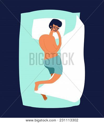 Guy Sleeping On Bed. Asleep Man. Hand Drawing