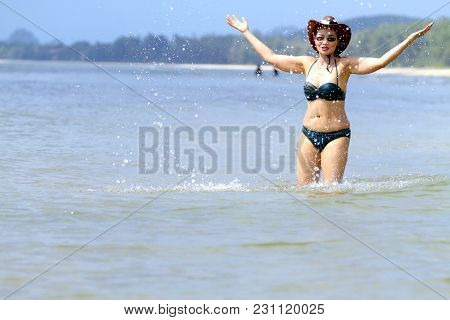Woman Body Sexy And Bikini Play Wave On Beach At Bang Beot Beach, Chumphon Province Thailand