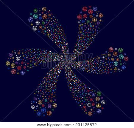 Multi Colored Target Bullseye Curl Flower With Six Petals On A Dark Background. Vector Abstraction. 