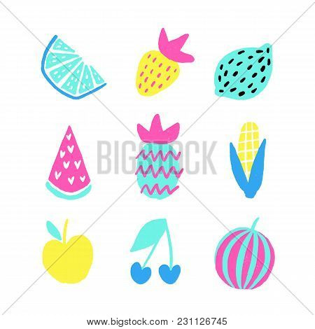 Summer Vector Elements Collection. Colorful Isolated Hand Drawn Different Items. Design For T-shirt,