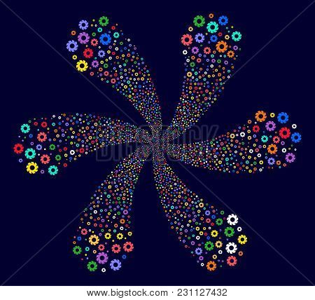 Multi Colored Turbine Cycle Bang On A Dark Background. Vector Abstraction. Psychedelic Curl Created 