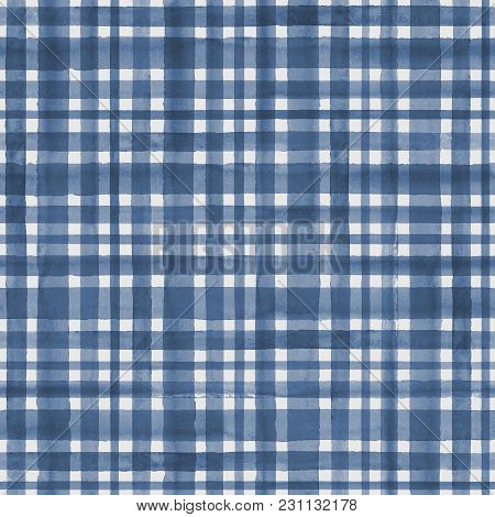 Watercolor Blue Stripe Plaid Gingham Seamless Pattern Background. Watercolour Hand Drawn Striped Tex