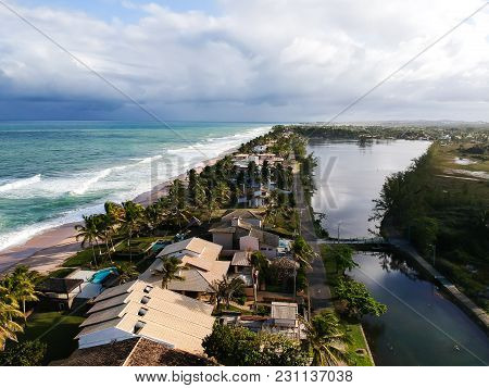 Beautiful Aerial Drone View Of Praia De Interlagos, Bahia, Brazil