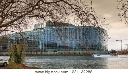 Strasbourg, France - December 28, 2017: Architectural Detail Of The Louise-weiss Building On A Winte