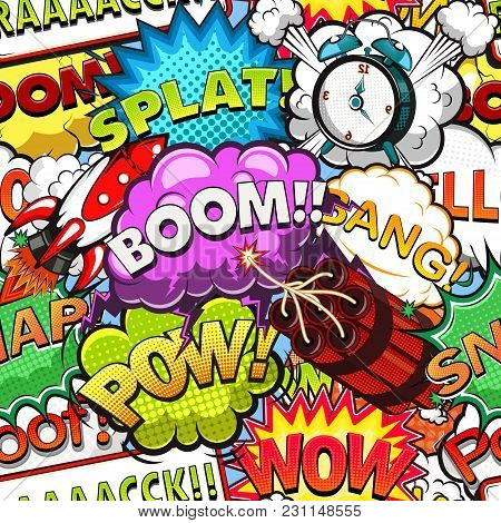 Comic Speech Bubbles Seamless Pattern. Rocket. Alarm Clock. Vector Illustration