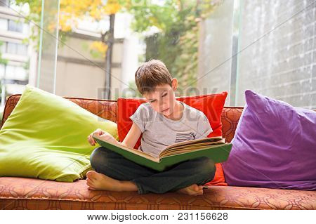 Boy Reading A Book At Home. The Child Engrossed In An Interesting Book