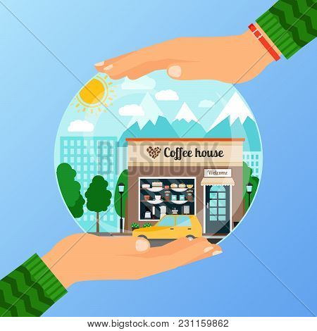 Business Concept For Opening The Institution Of Coffe House. A Woman Is Holding A Glass Ball With Hi