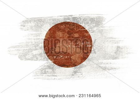 Art Brush Watercolor Painting Of Japan Flag Blown In The Wind Isolated On White Background.