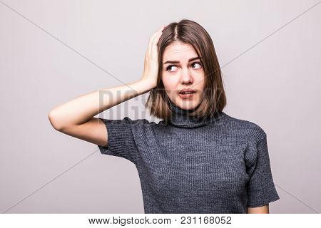 Wrong Doing. Closeup Portrait Upset Woman, Slapping Hand On Head Having Duh Moment Isolated On Gray 