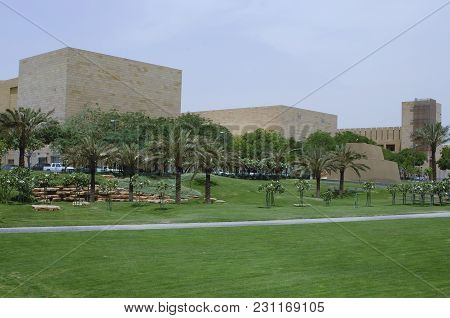 Green Park With Palms In King Abdulaziz Historical Center In Riyadh, Saudi Arabia On 04-30-2006