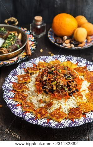 Close View Of Shirin Polo Persian Traditional Rice, Rustic Style