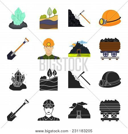 A Shovel, A Miner, An Entrance To A Mine, A Trolley With Coal.mine Set Collection Icons In Black, Ca