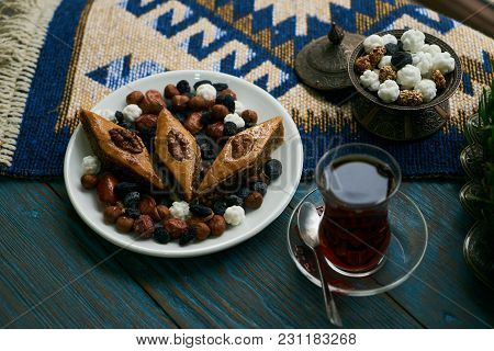 Novruz Tray Plate With Azerbaijan National Pastry Pakhlava With Sweet Snack And Glass Of Traditional