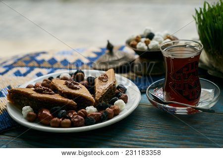 Novruz Tray Plate With Azerbaijan National Pastry Pakhlava With Sweet Snack And Glass Of Traditional