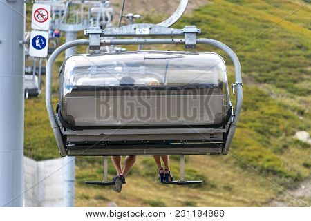 Sochi, Russia-september 30, 2017: Mountain Landscape With Rocky Slopes And The Cable Car In Krasnaya