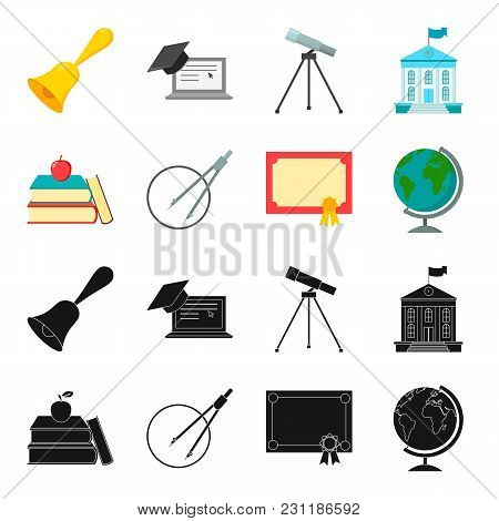 Books, An Apple, A Compass With A Circle, A Diploma With A Seal, A Globe. School Set Collection Icon