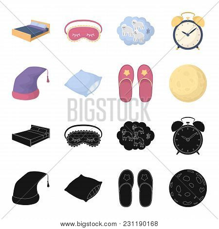 Night Cap, Pillow, Slippers, Moon. Rest And Sleep Set Collection Icons In Black, Cartoon Style Vecto