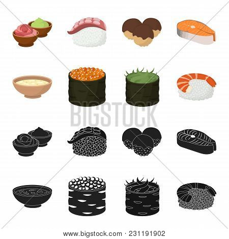 Bowl Of Soup, Caviar, Shrimp With Rice. Sushi Set Collection Icons In Black, Cartoon Style Vector Sy