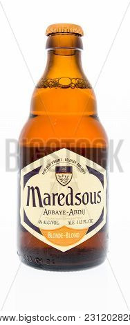 Winneconne, Wi - 27 February 2018:  A Bottle Of Maredsous Beer On An Isolated Background.