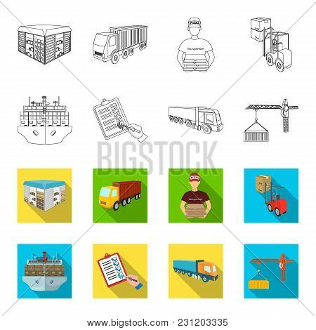 Sea Freight, Signature Of Delivery Documents, Truck, Tower Crane With A Container. Logistics And Del