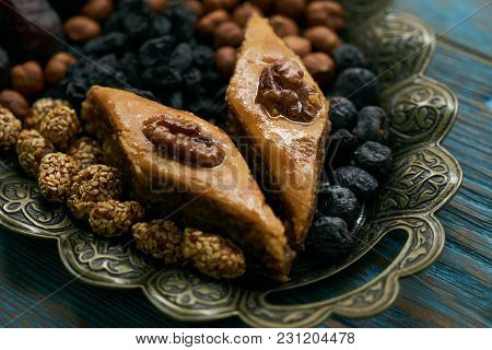 Novruz Tray With Azerbaijan National Pastry Pakhlava And Dry Snack With Nuts, Kishmish, Persimmon On