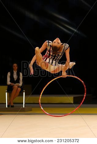 Kyiv, Ukraine - March 18, 2017: Rhythmic Gymnast Viktoria Mazur Of Ukraine Performs With Hoop During