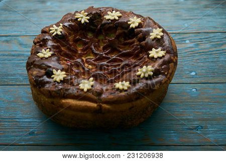 Traditional Ukrainian Wedding Bread Korovai Or Karavai With Decorations On Rustic Wooden Table Backg