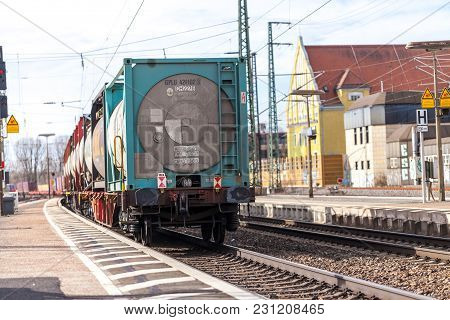 Fuerth / Germany - March 11, 2018: A European Freight Train Passes Train Station Fuerth In Germany