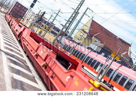 Fuerth / Germany - March 11, 2018: A European Freight Train Passes Train Station Fuerth In Germany