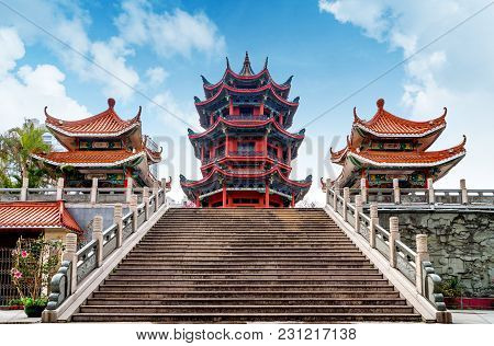 The Famous Chinese Classical Architecture Is Located On The Bank Of The Jiulong River, Weizheng Pavi